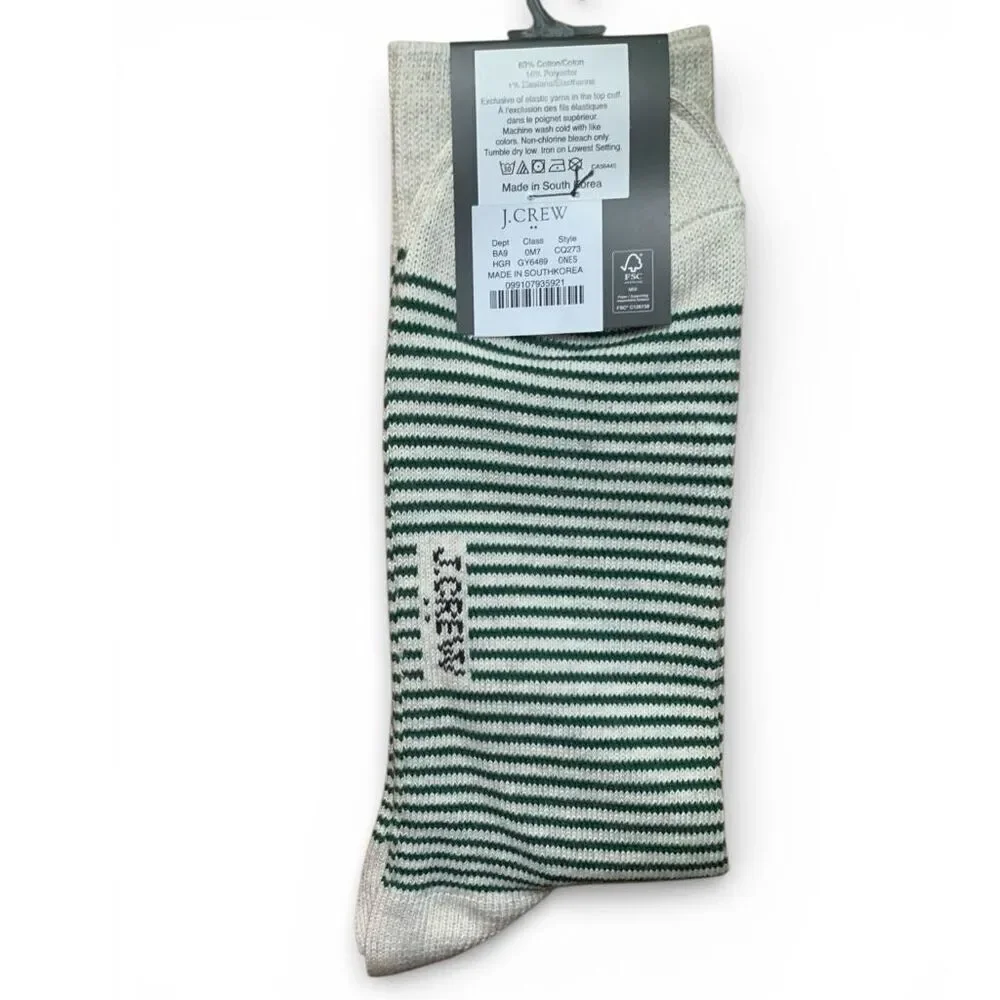 J. Crew Men’s Green Micro Stripe Crew Socks Cotton Blend Classic Everyday, NEW
